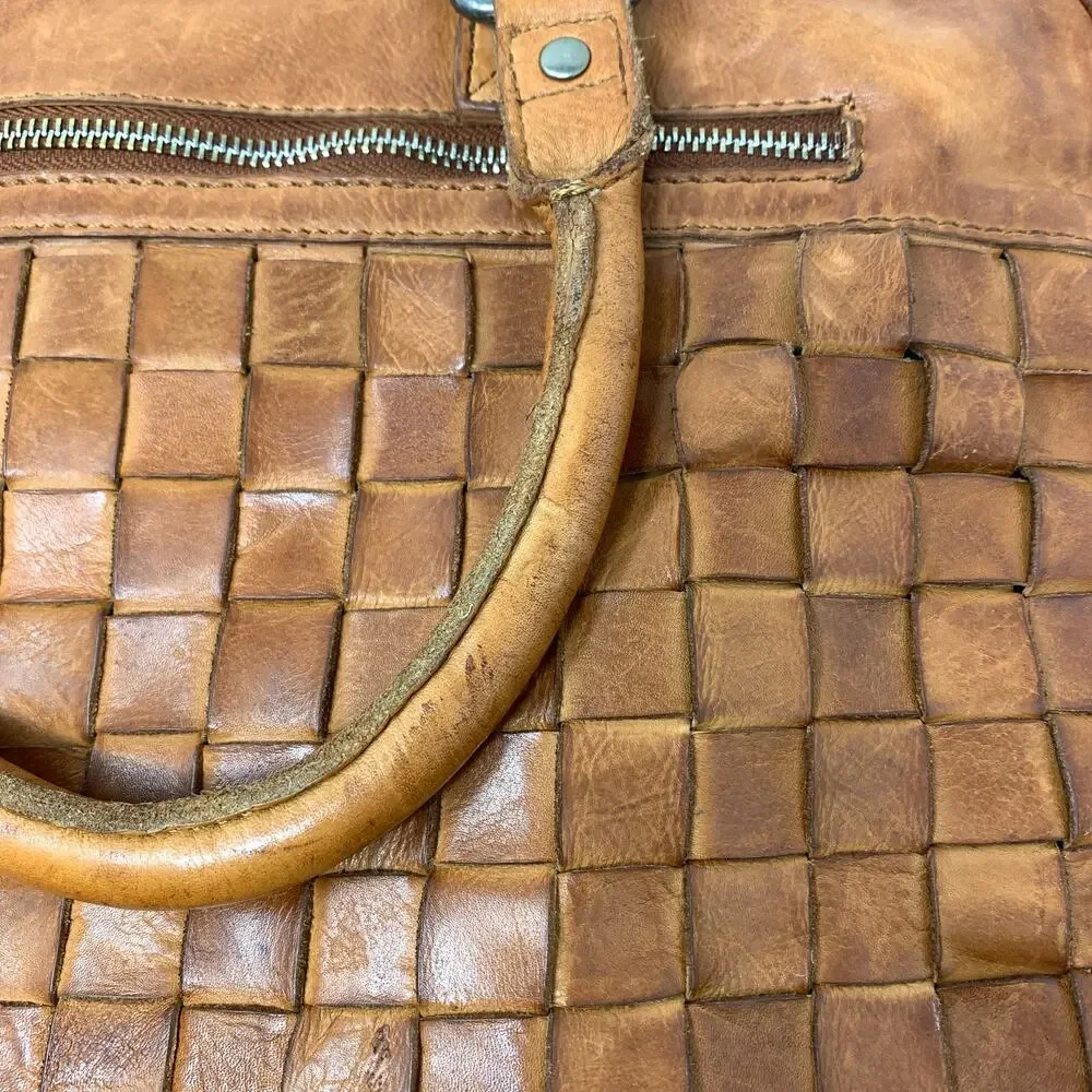 Vilenca Holland Mya Woven Leather Laptop Bag Brown Top Handle Long Strap